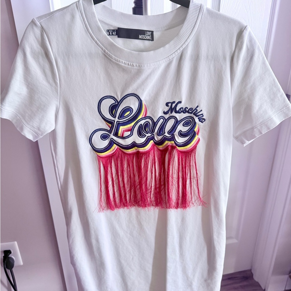 Love Moschino Fringe White Jersey Dress with Side Pockets